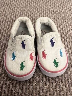 Ralph Lauren White Canvas Kids Slip-On Shoes with Multicolor Polo Logos